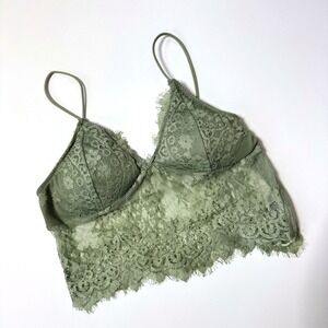 HYFVE Olive Green Lace Wireless Bralette Crop Top Zipper Front Medium